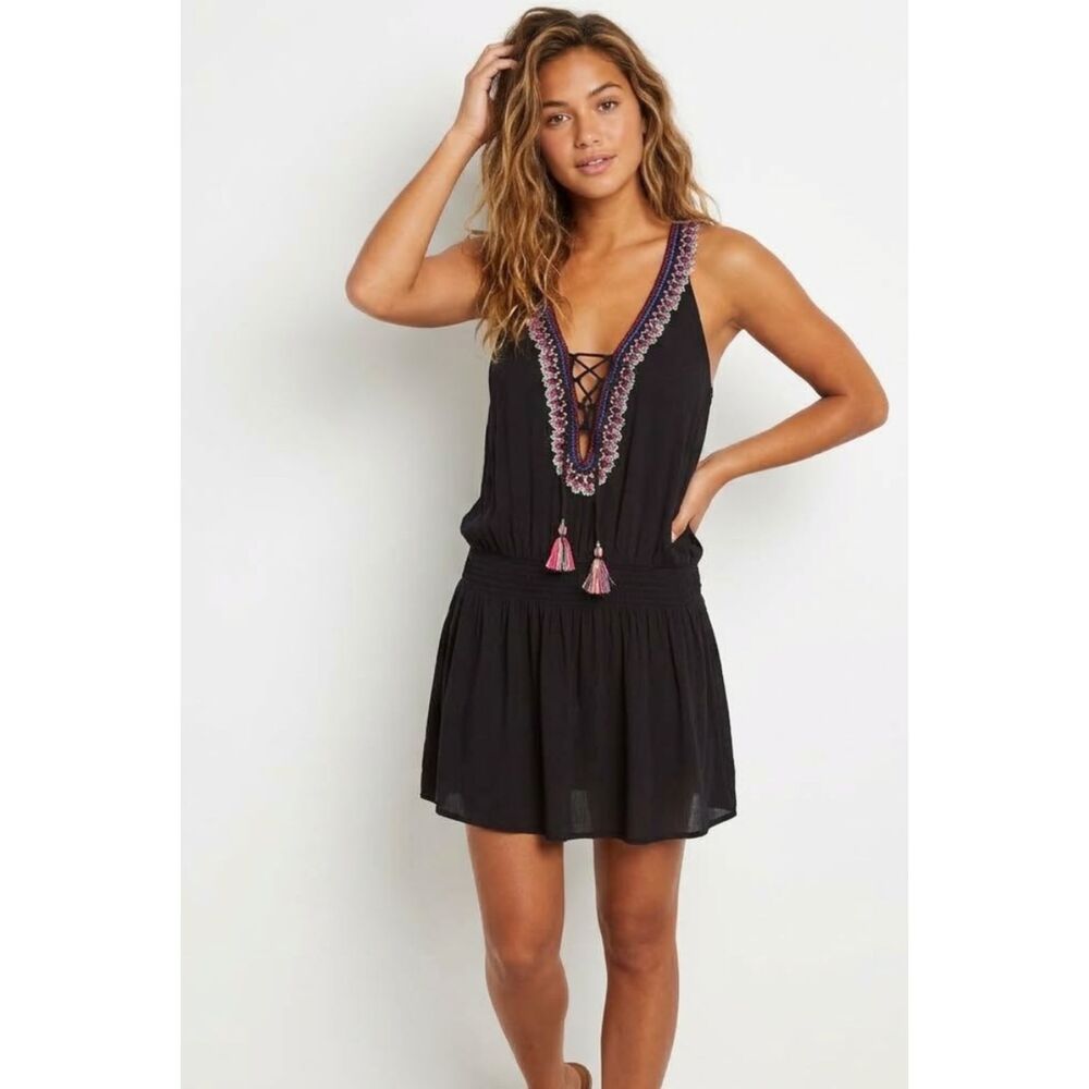 New BECCA Mardi Gra Swim Cover-Up Dress Ebroidered Tassle Women's Size Large